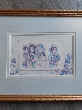 *2 for $20 deal* Vintage Gold Framed Pastel Children Print - Blue and Cream